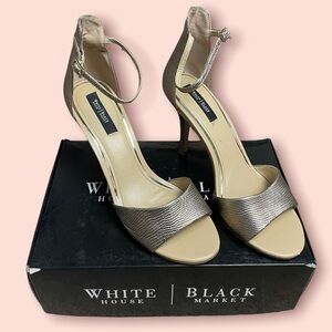 White House Black Market Leather Open Toe Heels Gold Ankle Strap Size 10